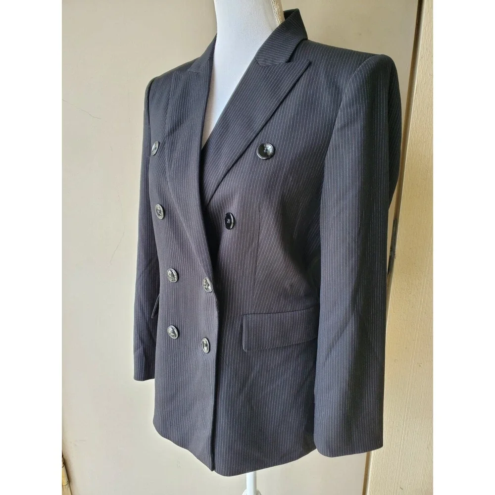 White House Black Market Pin Striped Blazer Womens 6 Black Double Breasted Lined